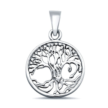 Plain Tree of Life Round Pendant Charm 925 Sterling Silver (18mm x 22mm)